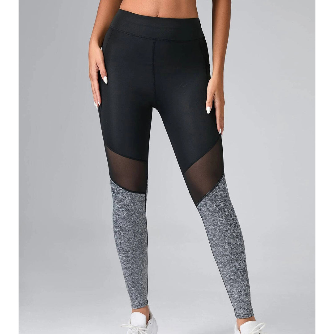 Contrast Color Panel Yoga Leggings Mesh Insert Gym Tights With Phone Pocket Image 4