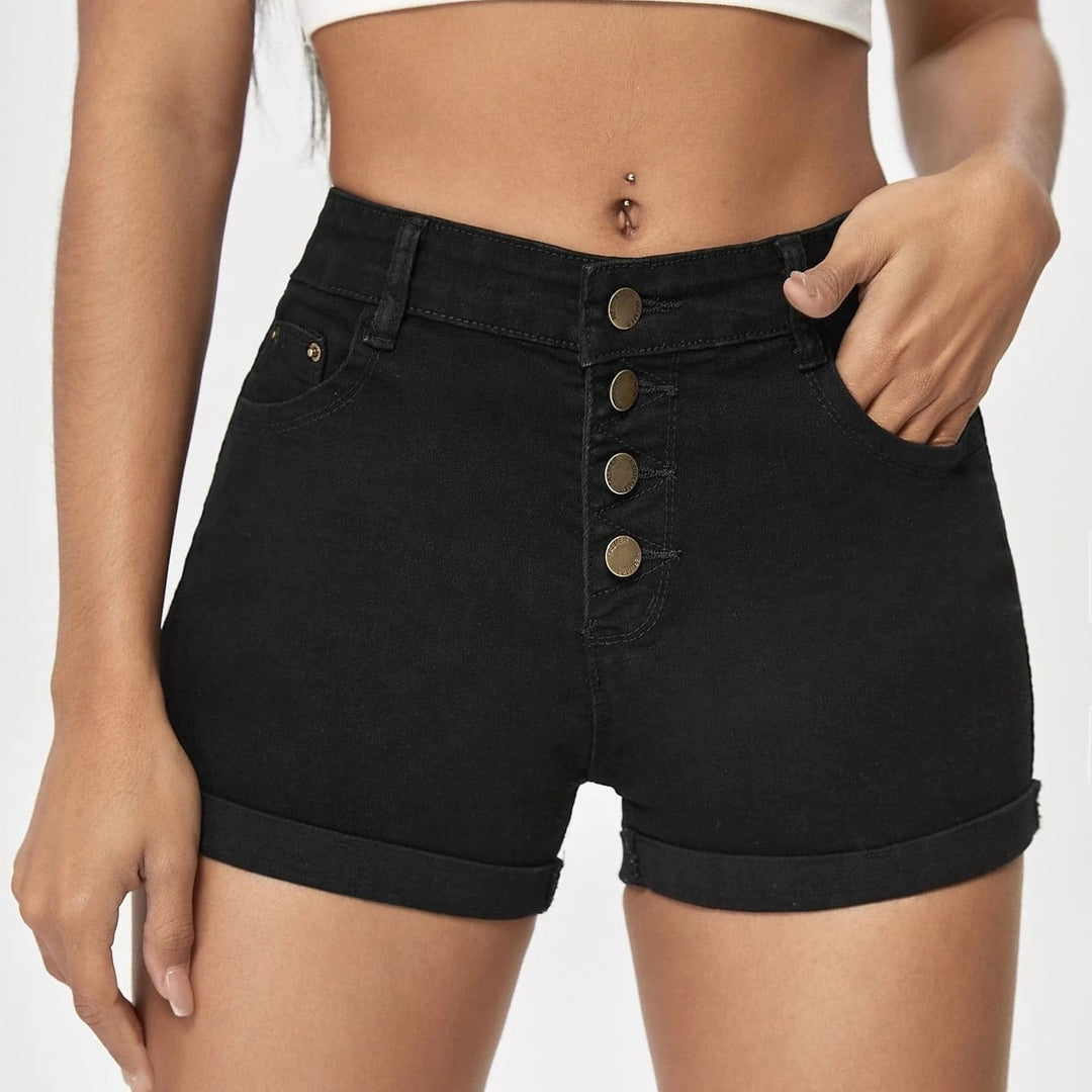 Button Front Rolled Hem Denim Shorts Image 1