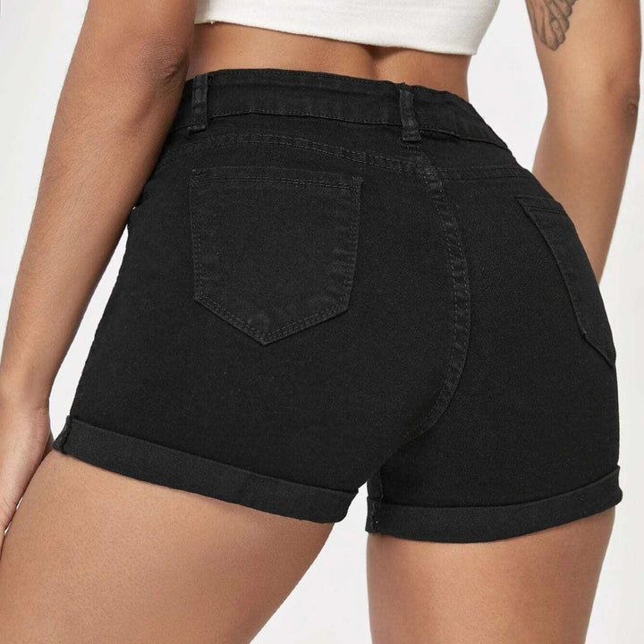 Button Front Rolled Hem Denim Shorts Image 2