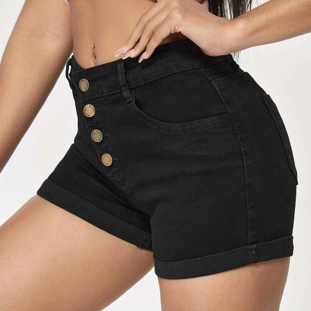 Button Front Rolled Hem Denim Shorts Image 3