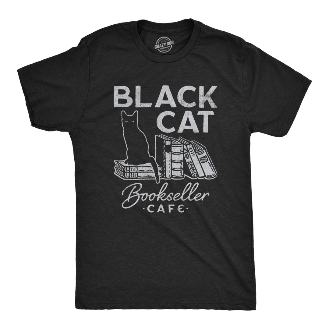 Mens Black Cat Bookseller Cafe T Shirt Funny Halloween Book Lovers Novelty Tee For Guys Image 1