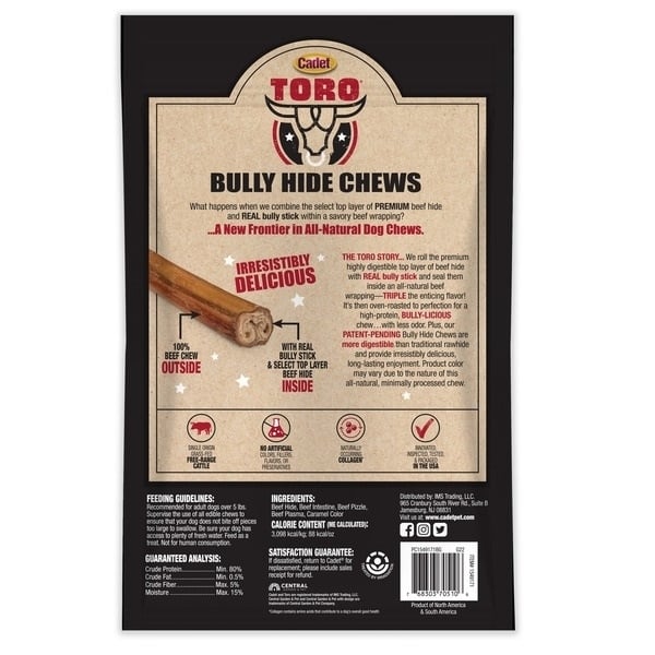 Cadet Toro Bully Hide Sticks All-Natural Dog Chews9"-12" (Pack of 12) Image 2