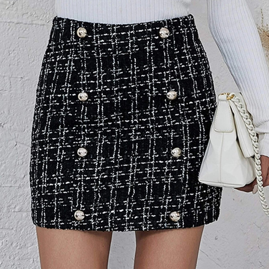 Plaid Pattern Zipper Back Tweed Straight Skirt Image 1