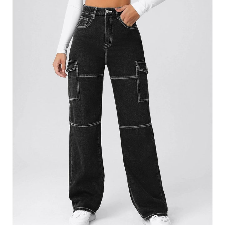 High Waist Flap Pocket Whip Stitch Jeans Image 4