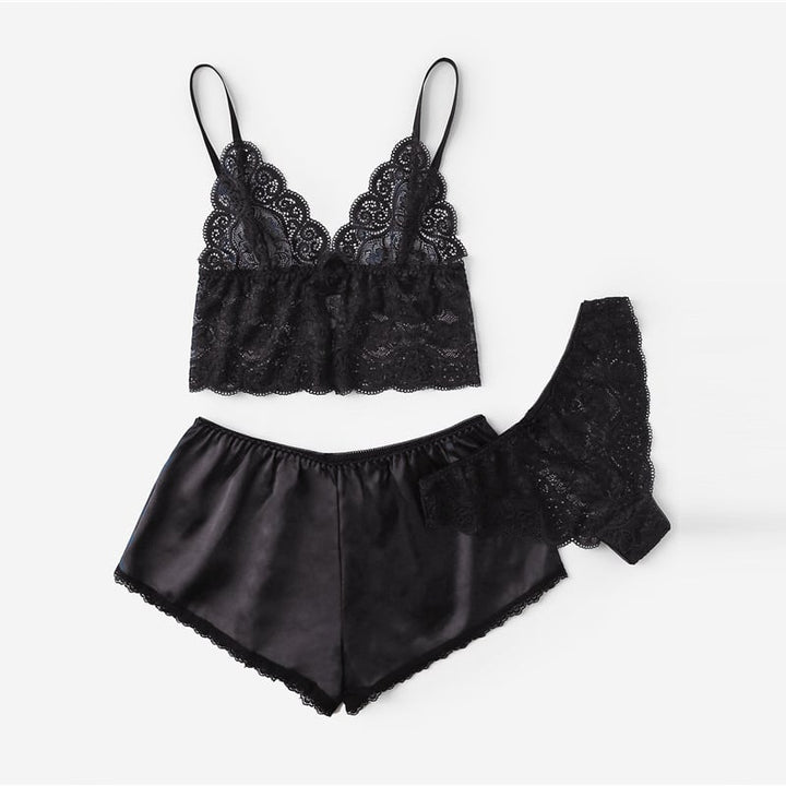 Floral Lace Lingerie Set With Satin Shorts Set Three Piece Image 1