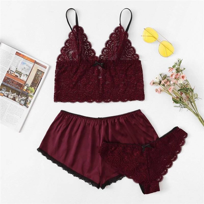 Floral Lace Lingerie Set With Satin Shorts Set Three Piece Image 3