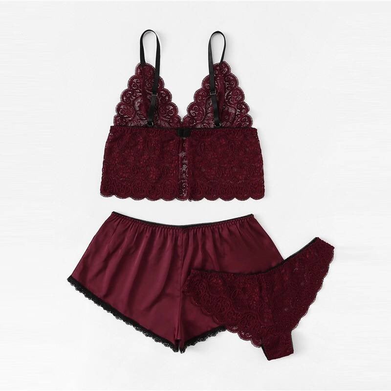 Floral Lace Lingerie Set With Satin Shorts Set Three Piece Image 4