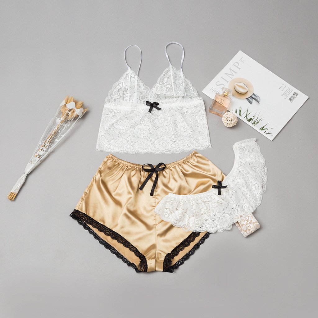 Floral Lace Lingerie Set With Satin Shorts Set Three Piece Image 6