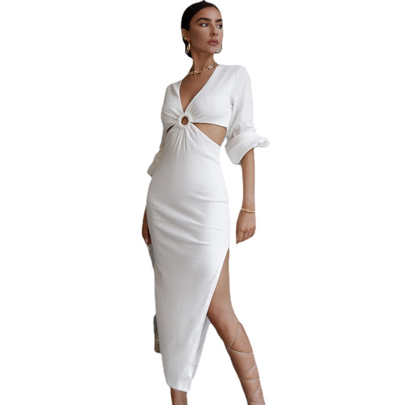 V collar Lantern sleeves One step skirt Fashionable with Side-Slit Dress Image 1