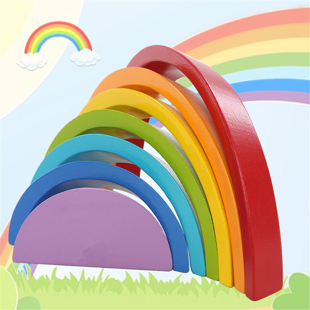 Wooden Rainbow Toys 7Pcs Rainbow Stacker Educational Learning Toy Puzzles Colorful Building Blocks for Kids Baby Image 6