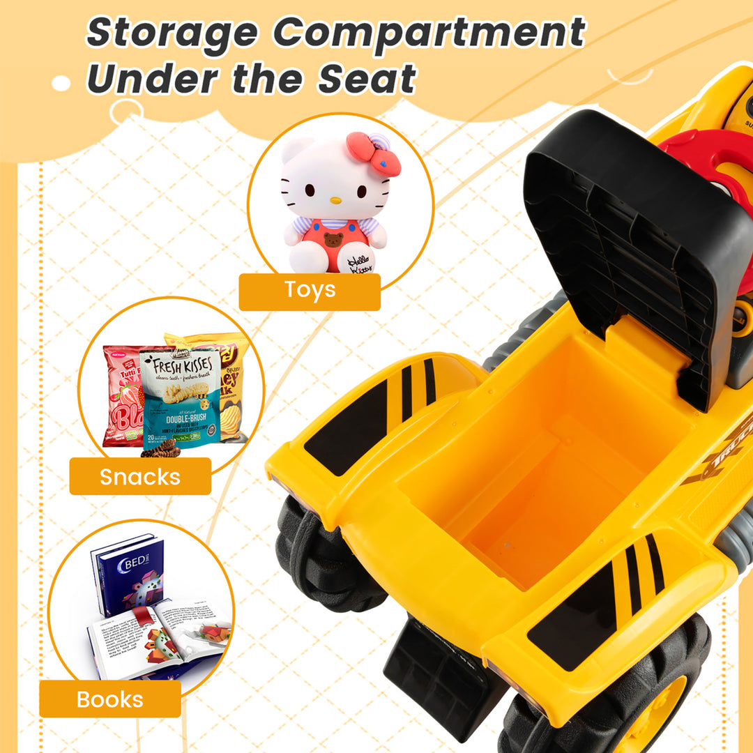 Kids Toddler Ride On Excavator Digger Truck Scooter w/ Sound and Seat Storage Toy Image 6