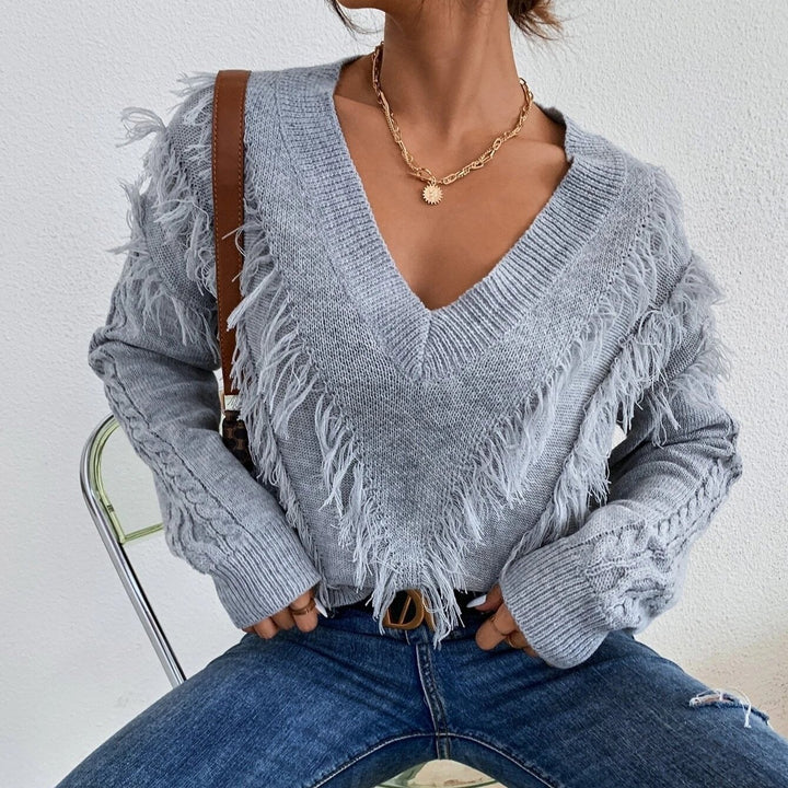 Fringe Trim Drop Shoulder Sweater Image 3