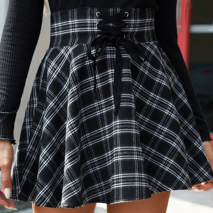 Tartan Print Lace Up Front Flared Skirt Image 1