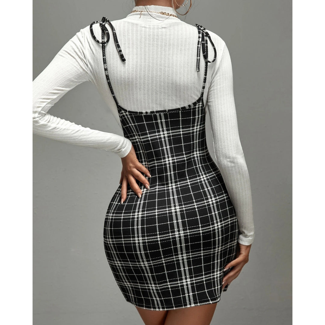 Plaid Print Tie Shoulder Split Hem Suspender Dress Image 2