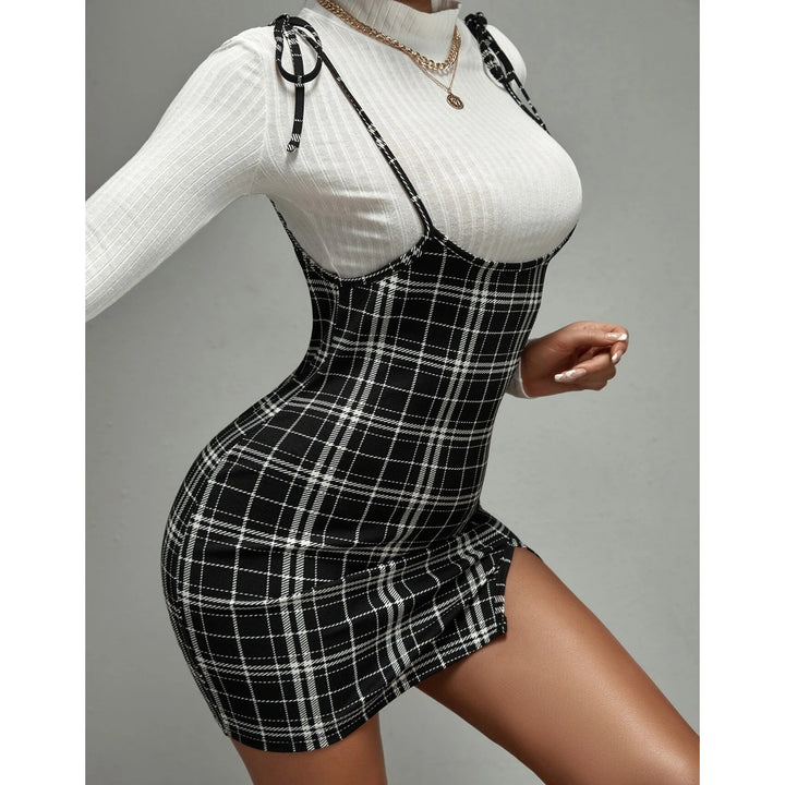 Plaid Print Tie Shoulder Split Hem Suspender Dress Image 4