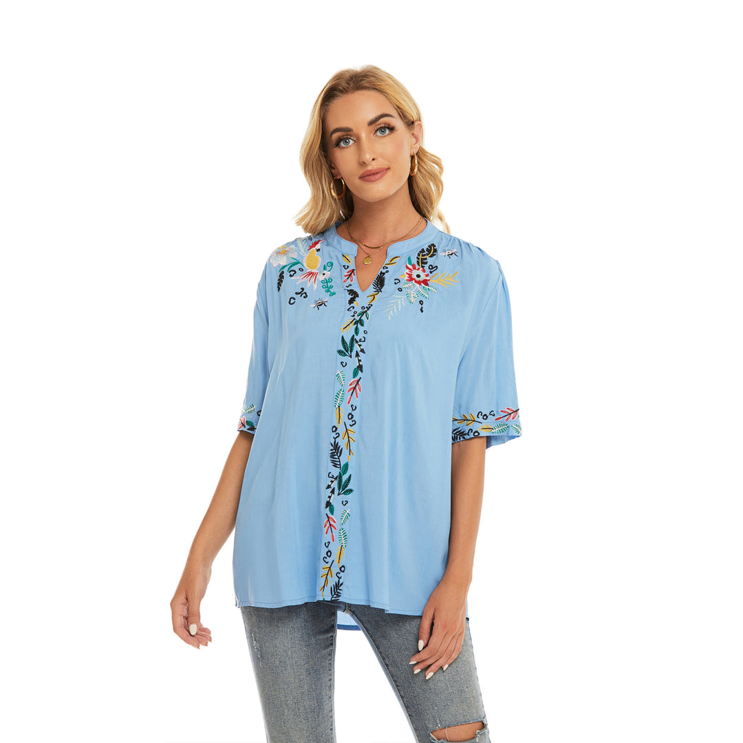 Fashion Summer Embroidery Short Sleeve Temperament Commuter Blue Shirt Image 1