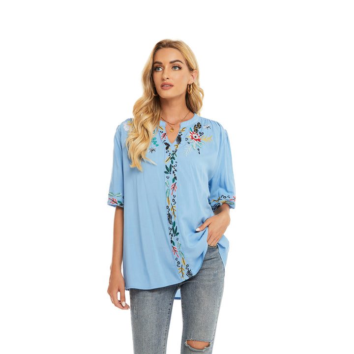 Fashion Summer Embroidery Short Sleeve Temperament Commuter Blue Shirt Image 4