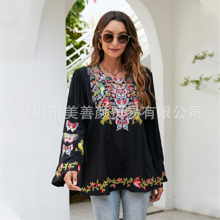 Fashion Summer Embroidery Short Sleeve Temperament Commuter Blue Shirt Image 7