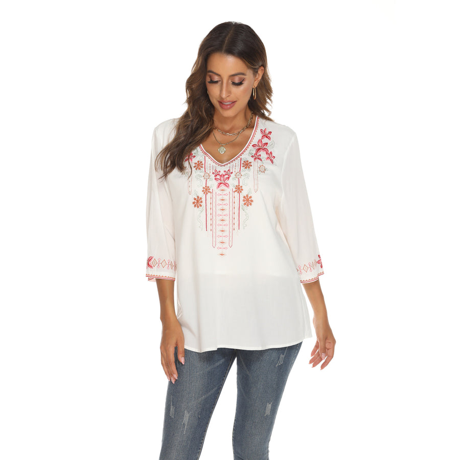 Foreign Trade Womens Clothing Embroidered Long Sleeve Rayon Shirt Image 1