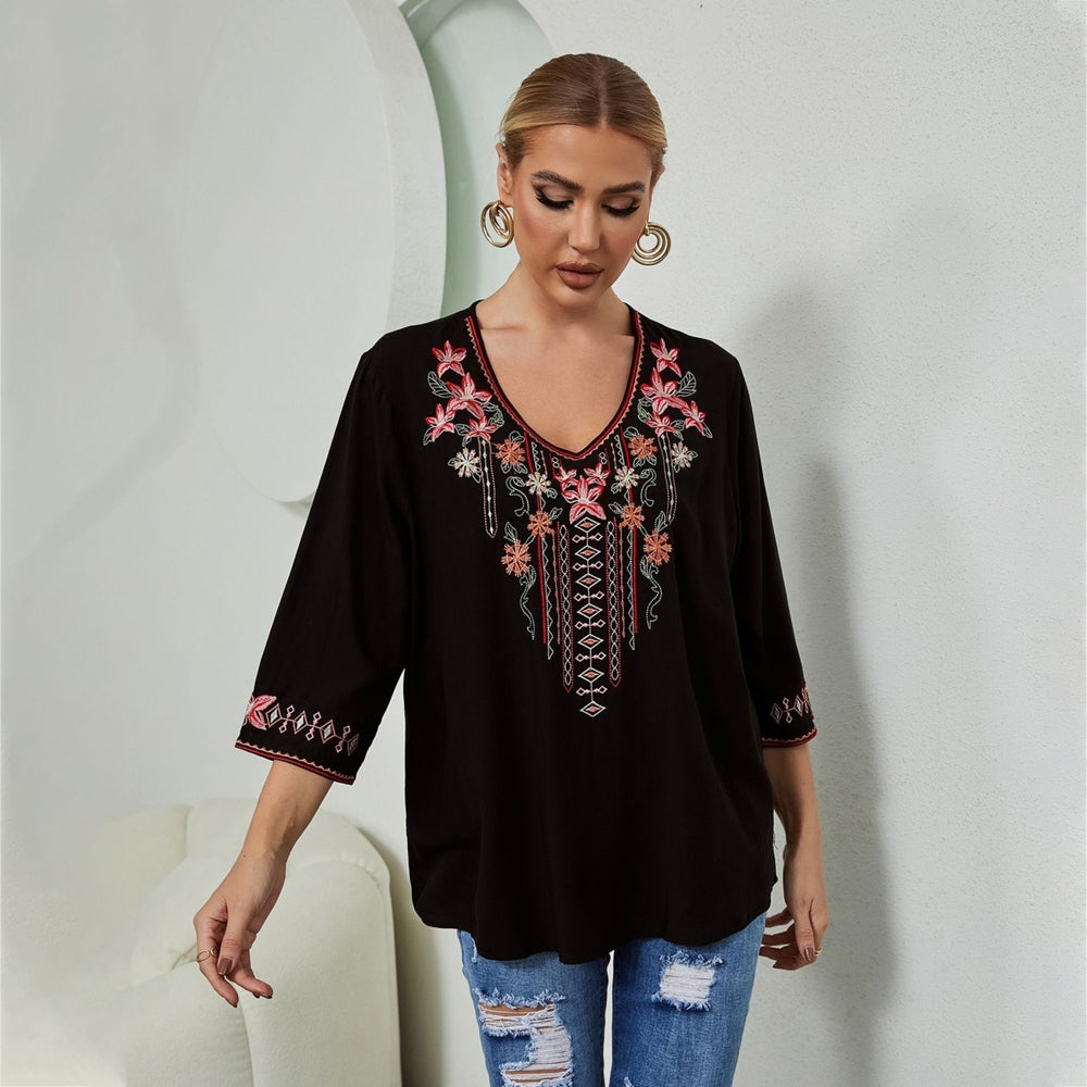 Foreign Trade Womens Clothing Embroidered Long Sleeve Rayon Shirt Image 2
