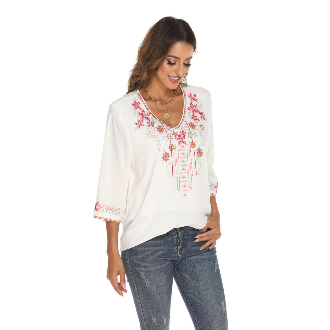 Foreign Trade Womens Clothing Embroidered Long Sleeve Rayon Shirt Image 3