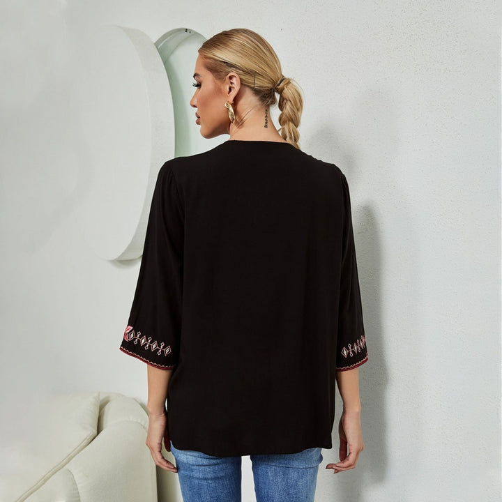 Foreign Trade Womens Clothing Embroidered Long Sleeve Rayon Shirt Image 4