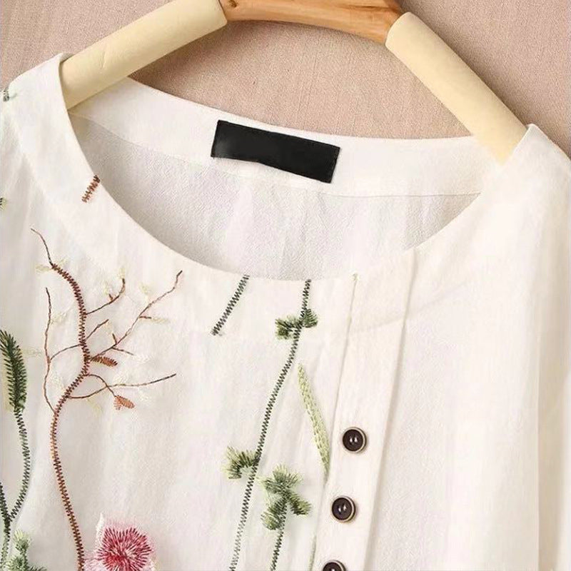 Shirt Womens Loose Cotton Linen Pullover Embroidered Round Neck Top Large Size Pullover White Shirt Image 2