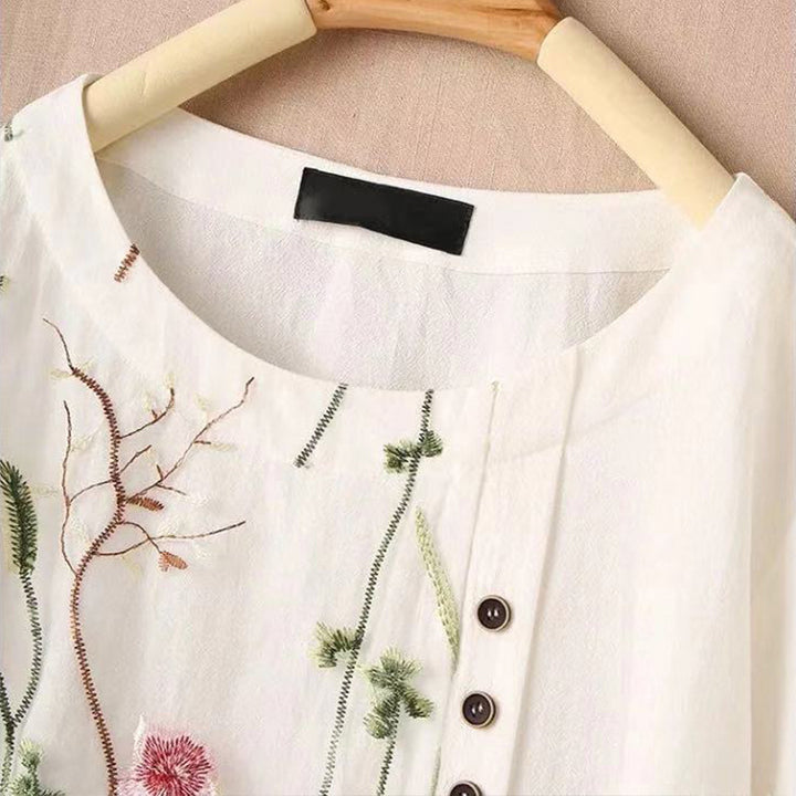 Shirt Womens Loose Cotton Linen Pullover Embroidered Round Neck Top Large Size Pullover White Shirt Image 2