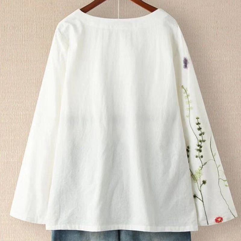 Shirt Womens Loose Cotton Linen Pullover Embroidered Round Neck Top Large Size Pullover White Shirt Image 3