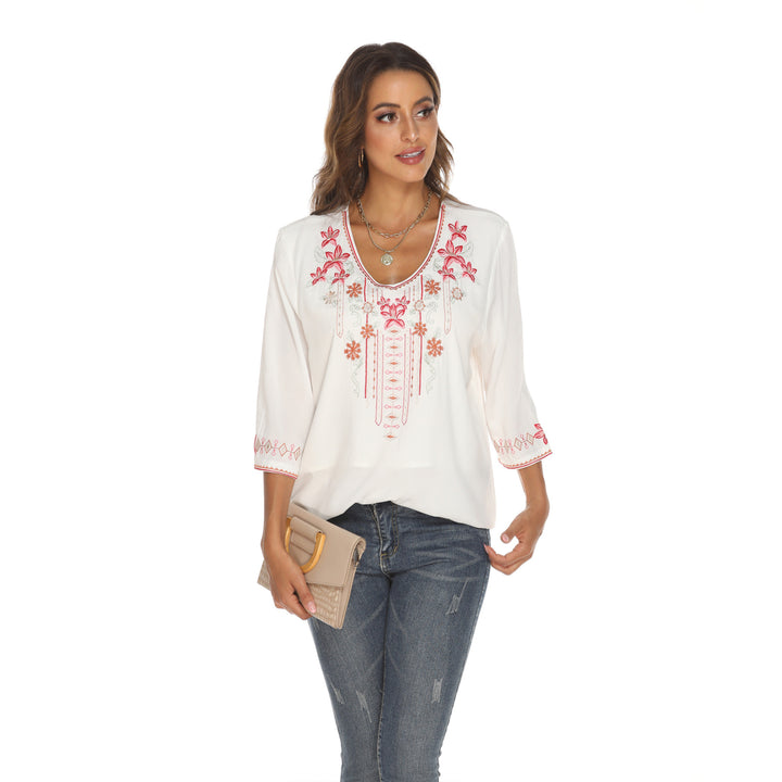 Foreign Trade Womens Clothing Embroidered Long Sleeve Rayon Shirt Image 4