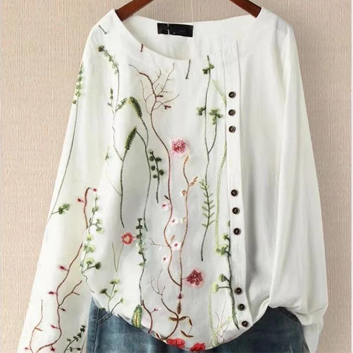 Shirt Womens Loose Cotton Linen Pullover Embroidered Round Neck Top Large Size Pullover White Shirt Image 1