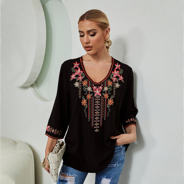 Foreign Trade Womens Clothing Embroidered Long Sleeve Rayon Shirt Image 7