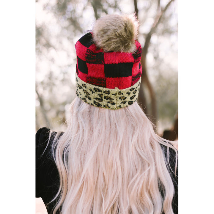 Red Plaid Leopard Brim Knit Beanie Hat Image 1