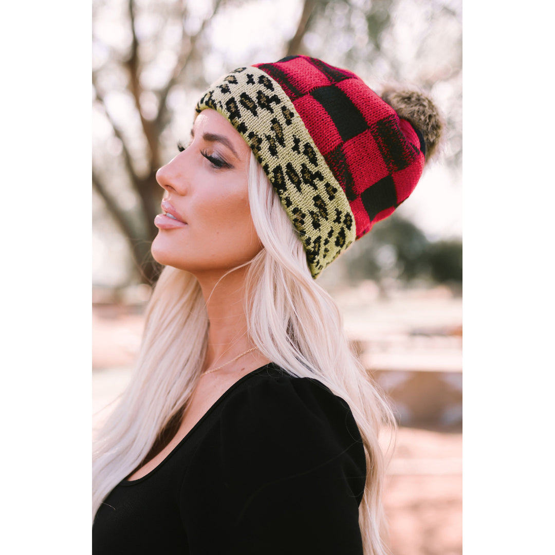 Red Plaid Leopard Brim Knit Beanie Hat Image 2