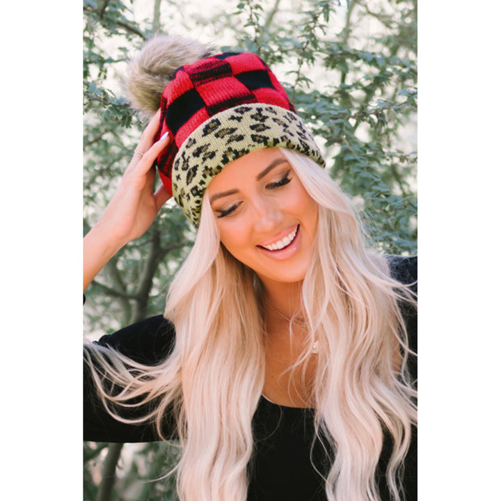 Red Plaid Leopard Brim Knit Beanie Hat Image 3