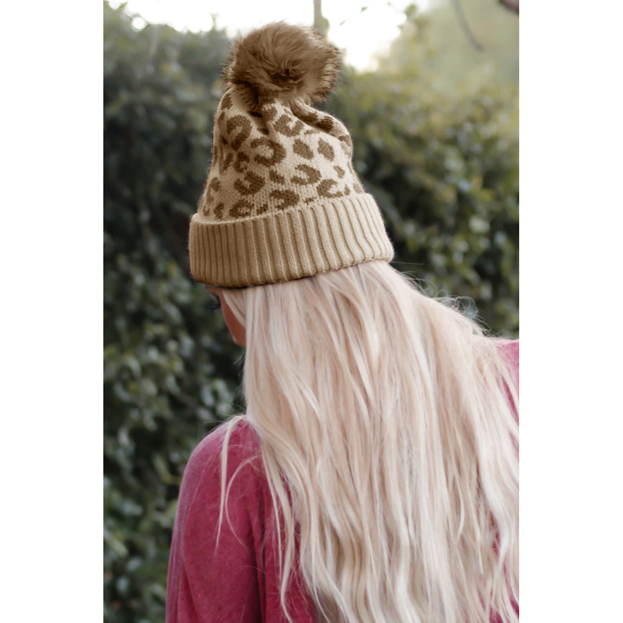 Khaki Pom Leopard Patchwork Knit Beanie Hat Image 1