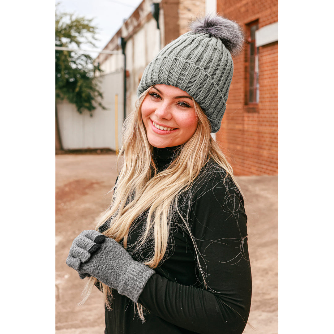 Gray Warm Furry Pompom Beanie with Telefingers Gloves Image 1