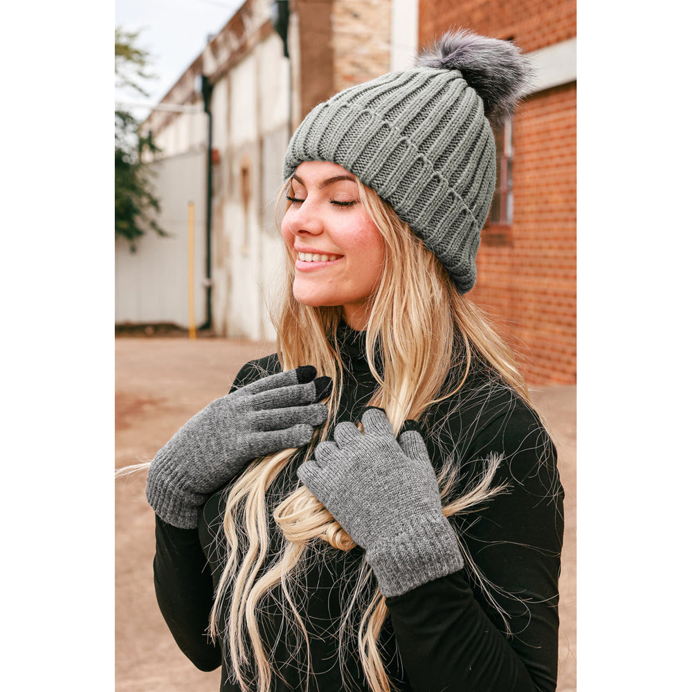 Gray Warm Furry Pompom Beanie with Telefingers Gloves Image 2