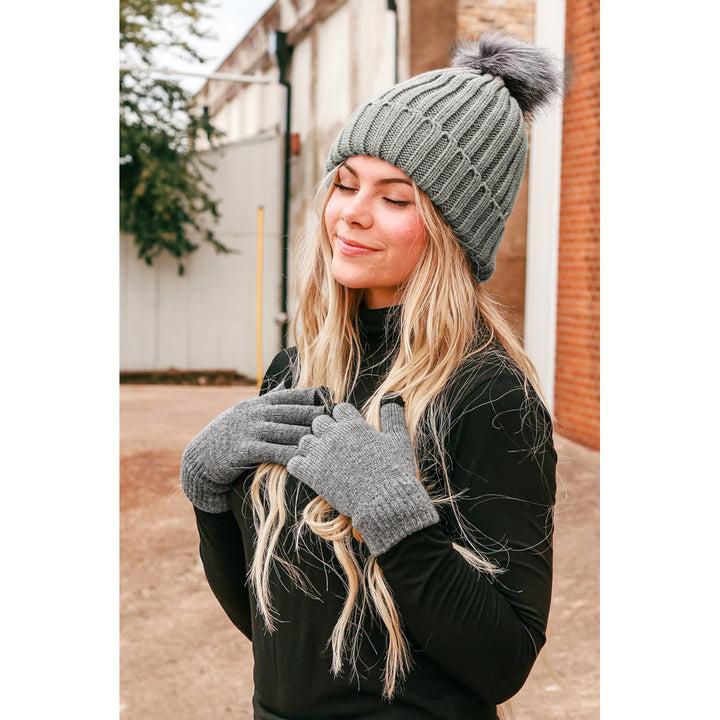 Gray Warm Furry Pompom Beanie with Telefingers Gloves Image 3