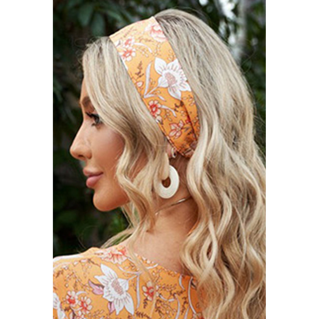 Orange Boho Floral Print Self-tie Hair Ribbon Image 1