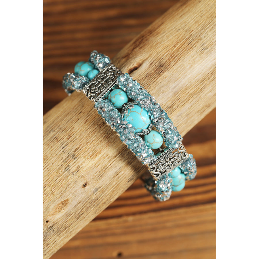 Green Western Turquoise Beads Rhinestone Carved Bracelet Image 1