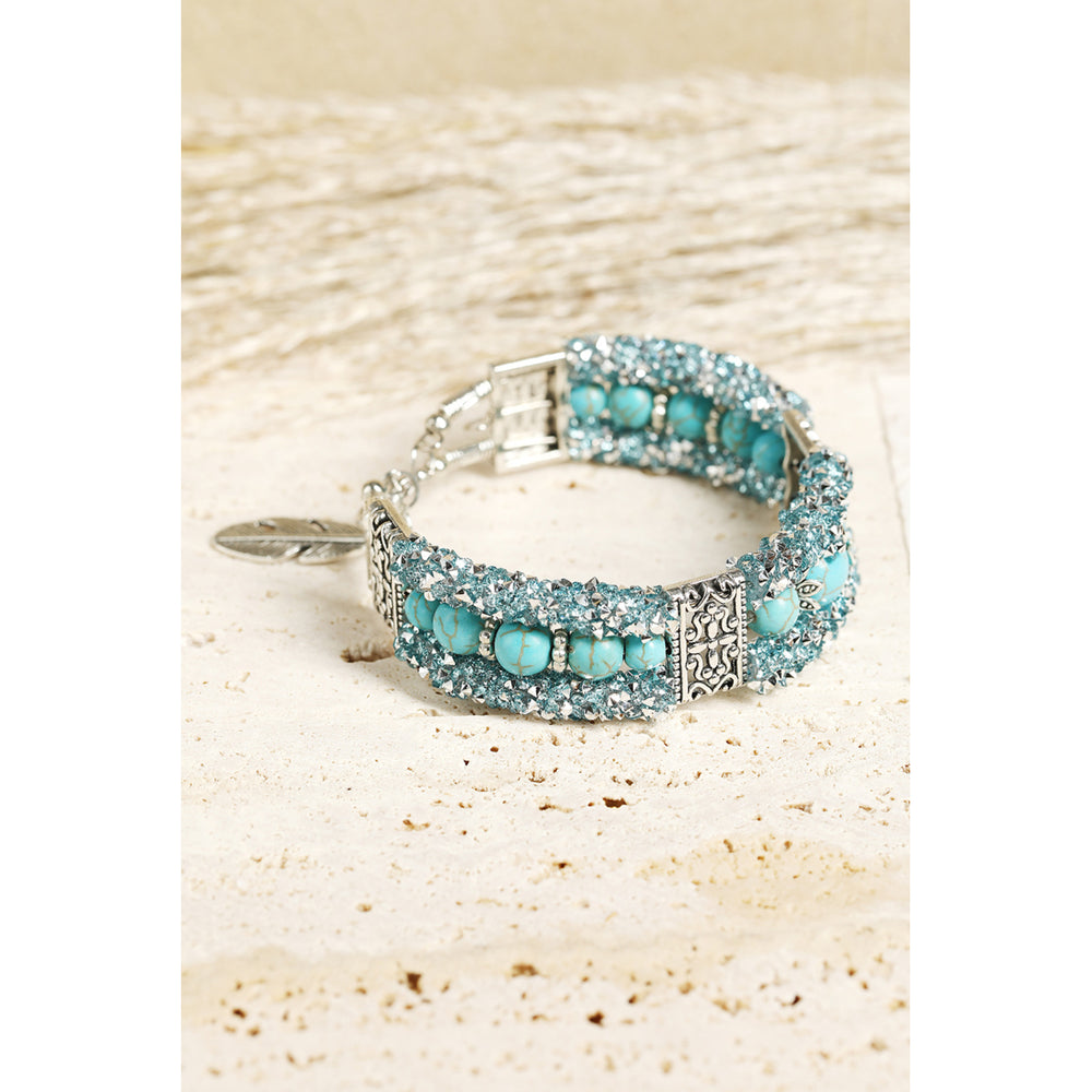 Green Western Turquoise Beads Rhinestone Carved Bracelet Image 2