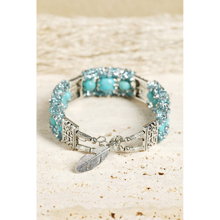 Green Western Turquoise Beads Rhinestone Carved Bracelet Image 3