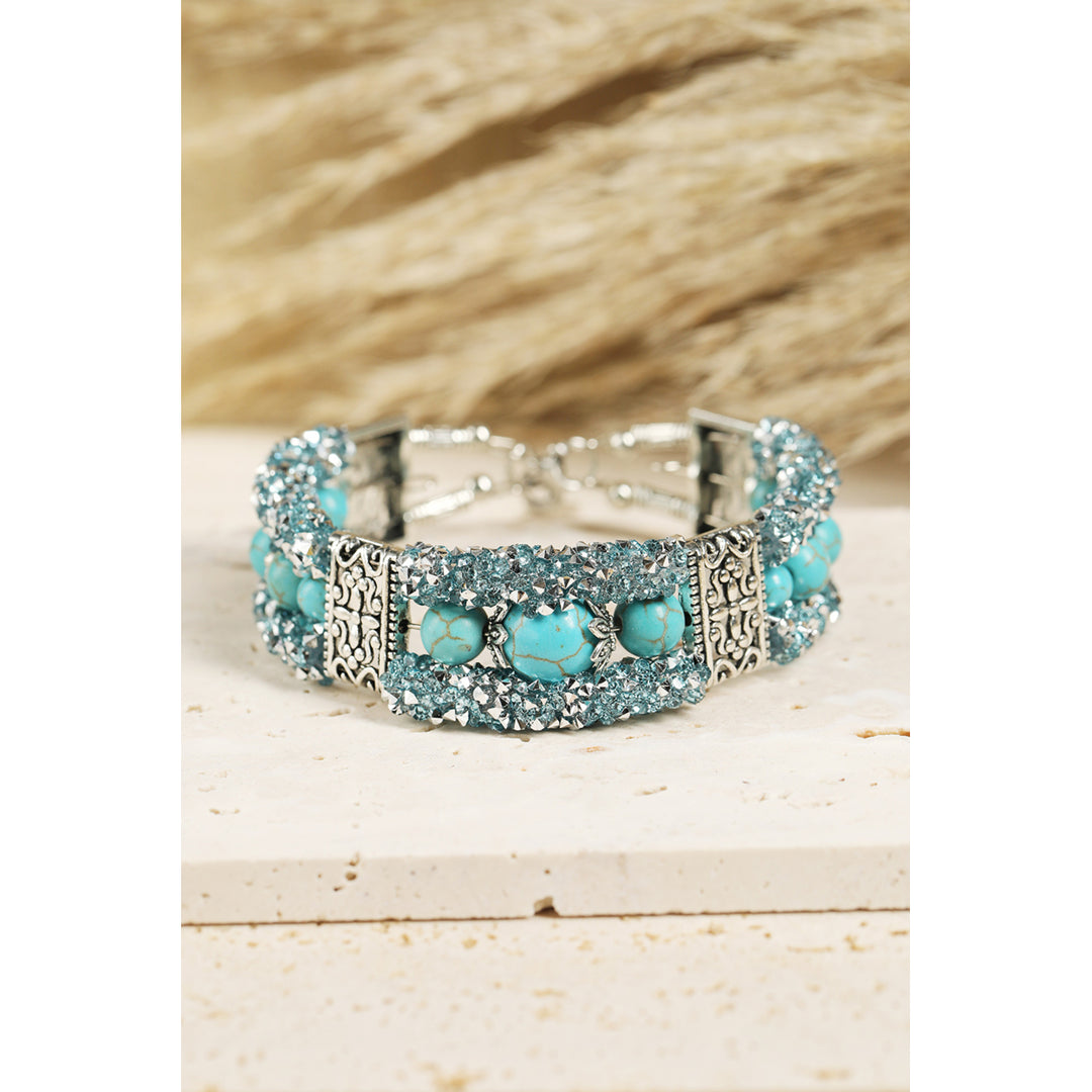 Green Western Turquoise Beads Rhinestone Carved Bracelet Image 6
