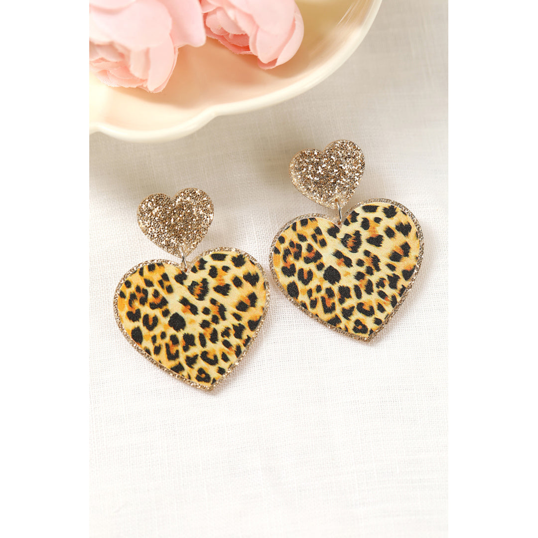 Khaki Leopard Heart Shaped Sequin Stud Earrings Image 4