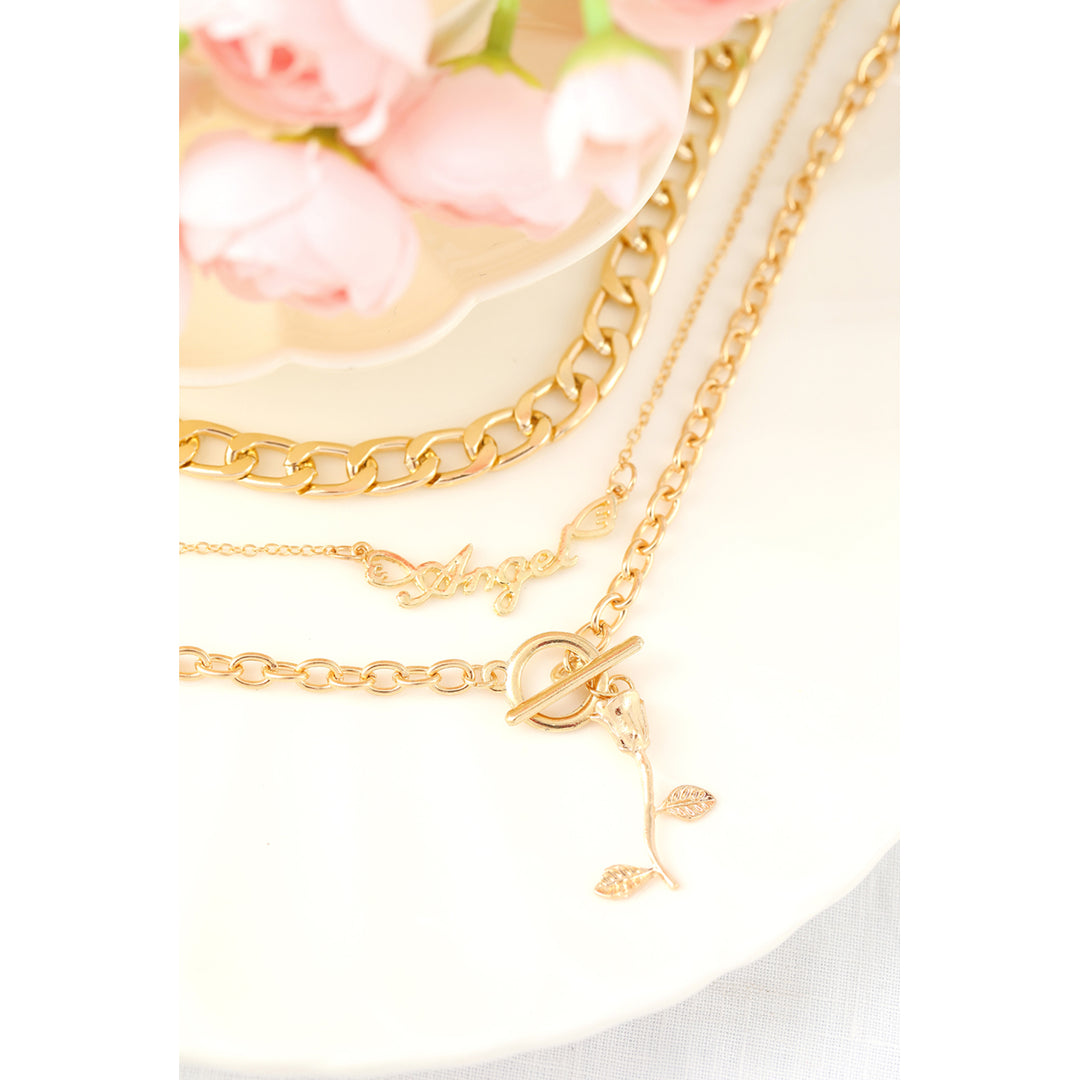 Gold Multilayered Angel Flower Pendant Chain Necklace Set Image 3