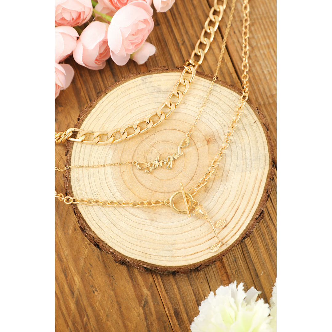 Gold Multilayered Angel Flower Pendant Chain Necklace Set Image 4
