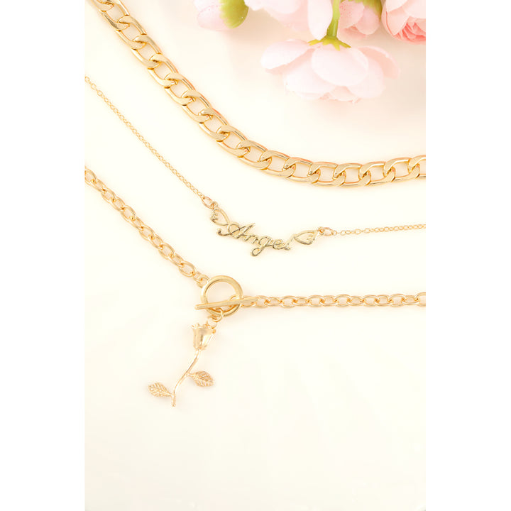 Gold Multilayered Angel Flower Pendant Chain Necklace Set Image 4