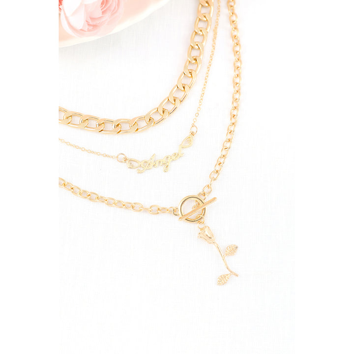 Gold Multilayered Angel Flower Pendant Chain Necklace Set Image 6