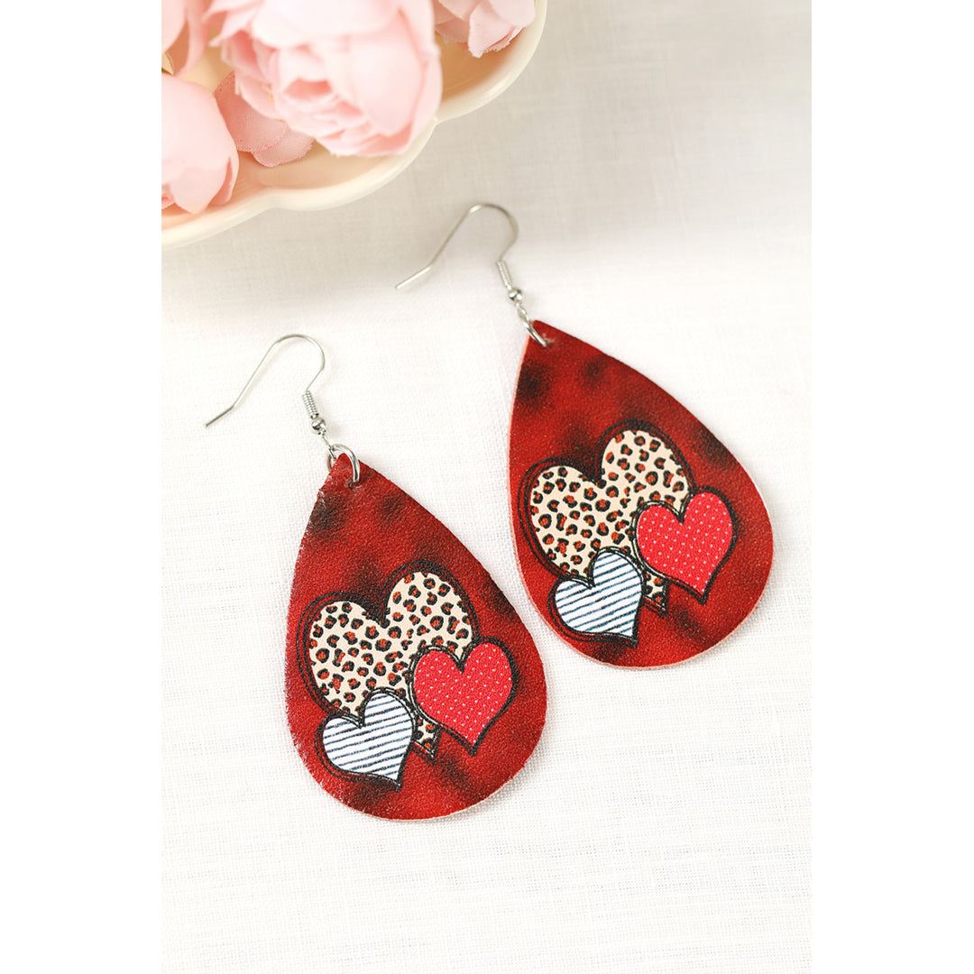 Red Valentine's Day Heart Print Water Drop Earrings Image 1